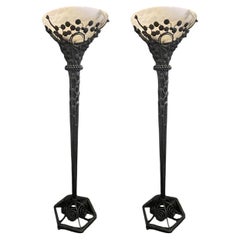 Wonderful Pair Edgar Brandt Art Deco Iron Alabaster Floor Lamps French Torchères