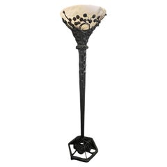 Magnifique paire de lampadaires Art déco en fer et albâtre signés Edgar Brandt, torchères françaises