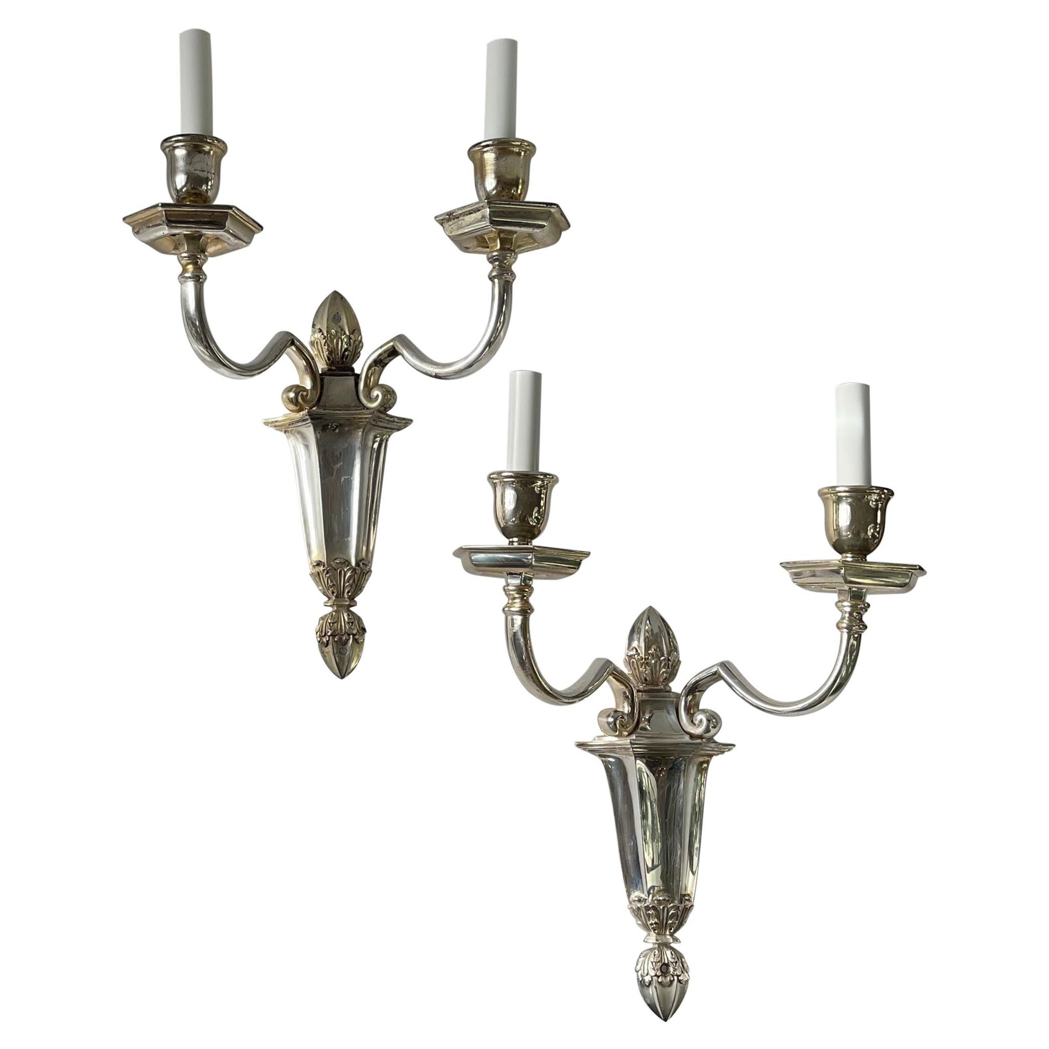 Wonderful Pair E.F. Caldwell Silvered Bronze Neoclassical 2-Light Wall Sconces
