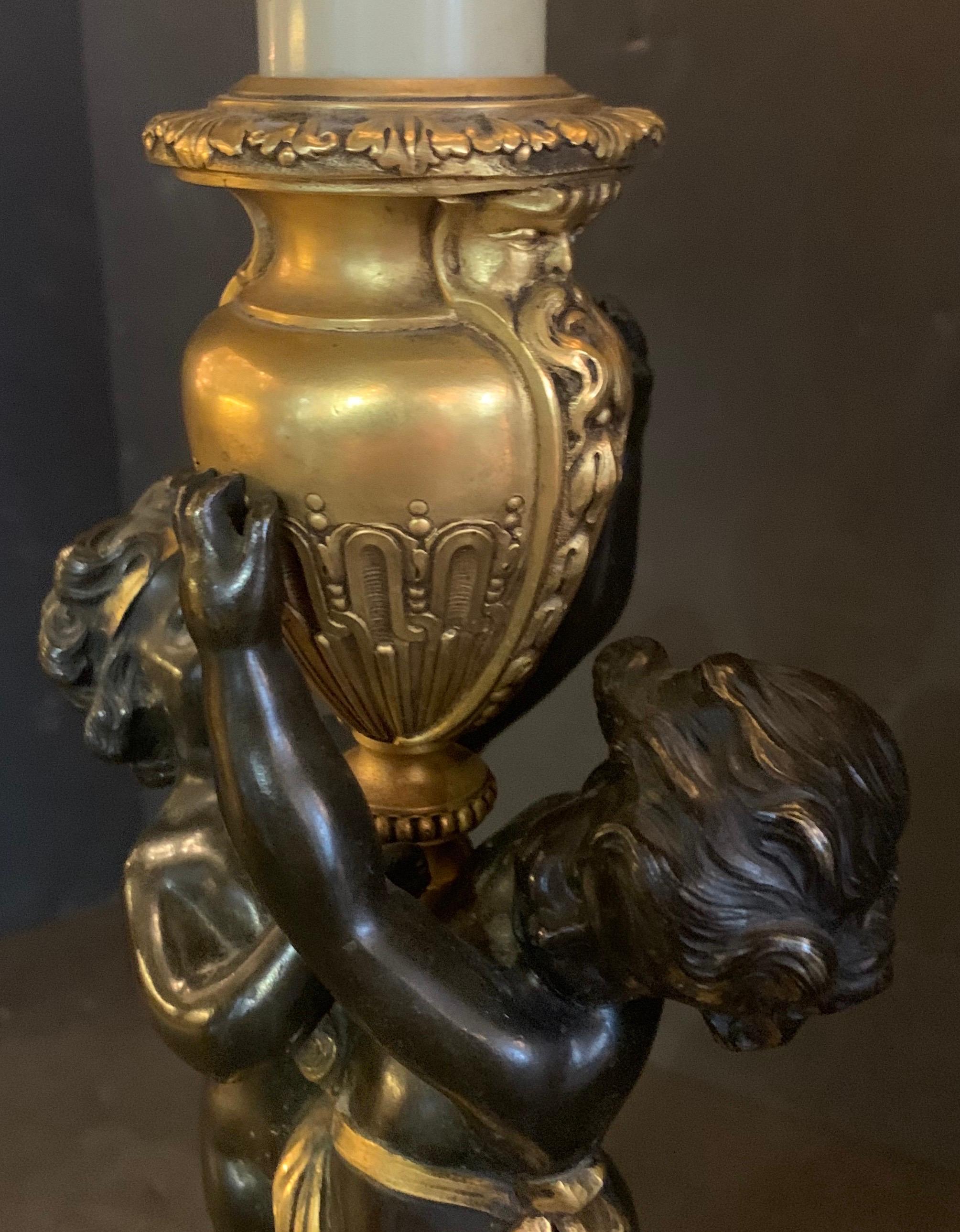 Wonderful Pair E.F. Caldwell Stamped French Bronze Patinated Putti Cherub Lamps 1