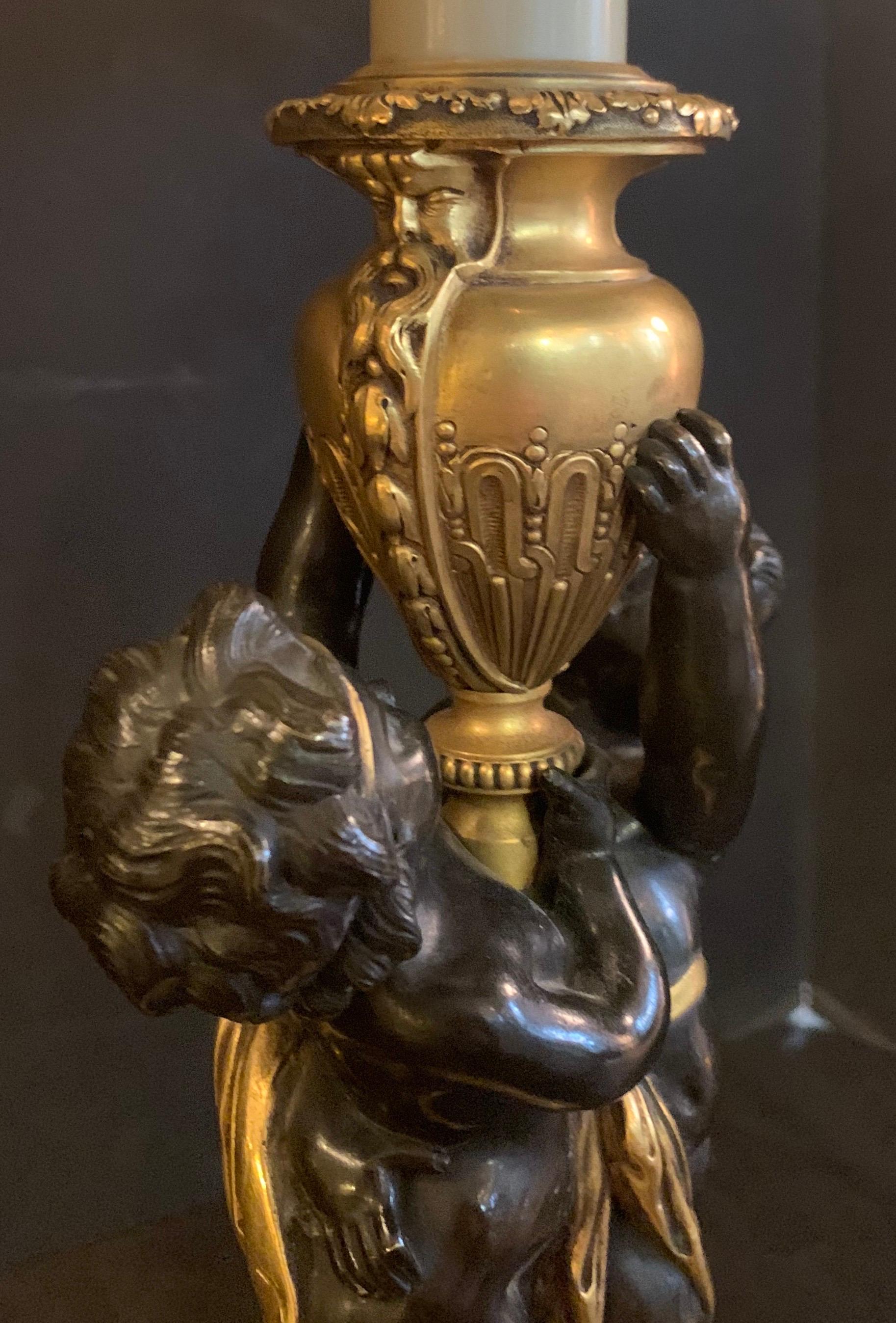 Wonderful Pair E.F. Caldwell Stamped French Bronze Patinated Putti Cherub Lamps In Good Condition In Roslyn, NY