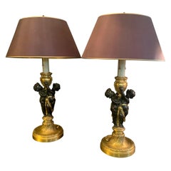 Vintage Wonderful Pair E.F. Caldwell Stamped French Bronze Patinated Putti Cherub Lamps