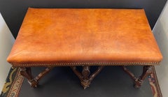 Wonderful Pair English 19th Century Carved Wood Nail Head Leather Benches