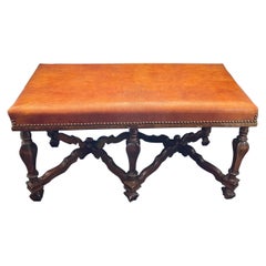 Wonderful Pair English 19th Century Carved Wood Nail Head Leather Benches