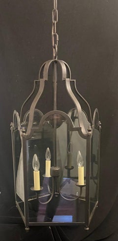 Wonderful Pair English Patinated Bronze Iron Arched Glass Panel Lantern Fixtures