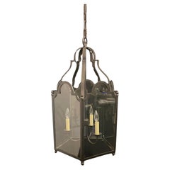 Wonderful Pair English Patinated Bronze Iron Arched Glass Panel Lantern Fixtures