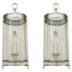 Wonderful Pair English Regency Polished Nickel Bent Glass Lantern Wall Sconces