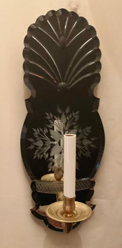 Wonderful Pair Etched Floral Mirror Back Single Light Bronze Caldwell Sconces