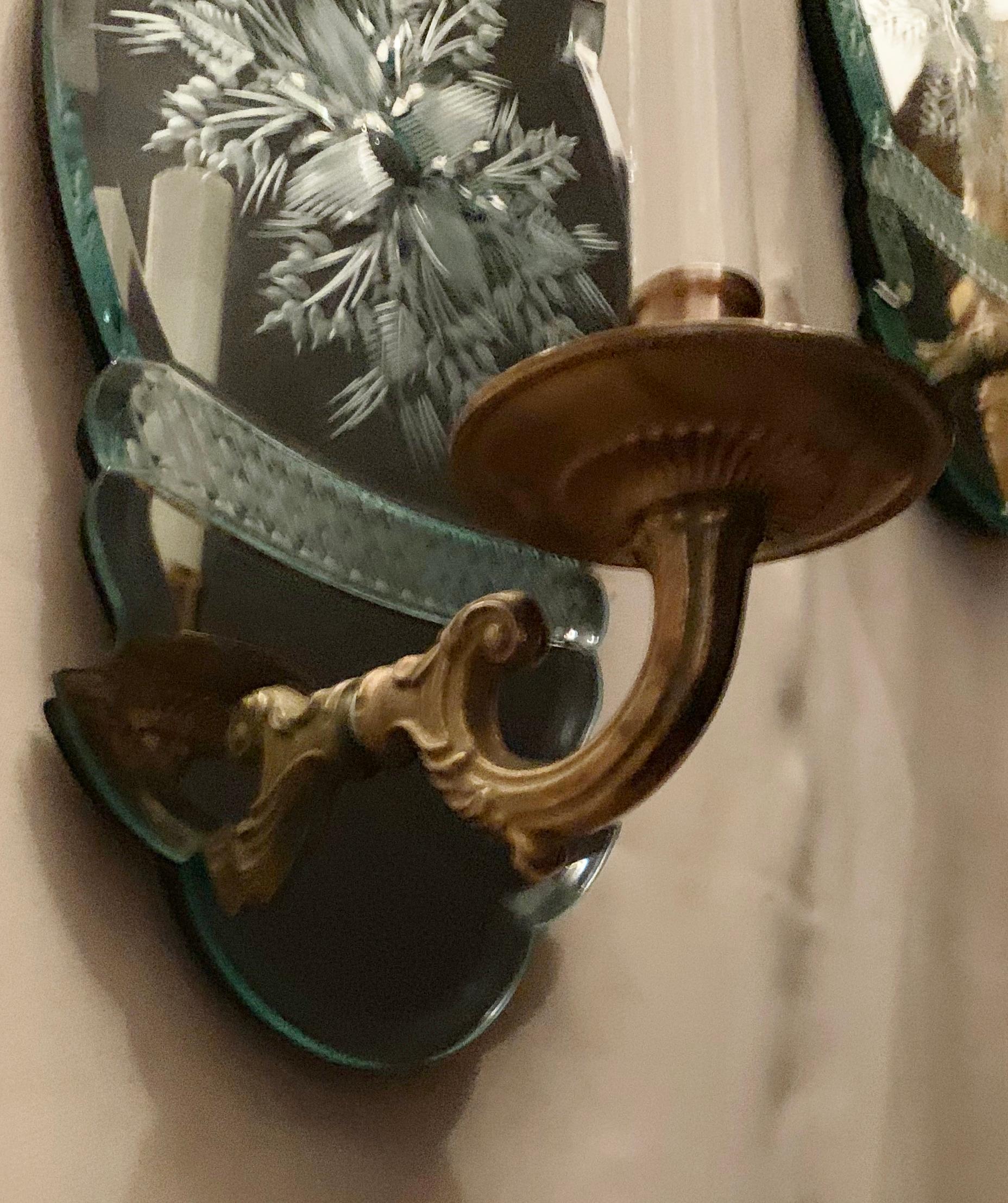 Wonderful Pair Etched Floral Mirror Back Single Light Bronze Caldwell Sconces In Good Condition For Sale In Roslyn, NY