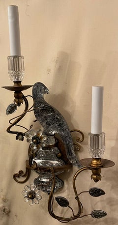 Wonderful Pair Faux Rock Crystal Glass Bird Urn Form Gold Gilt Bagues Sconces