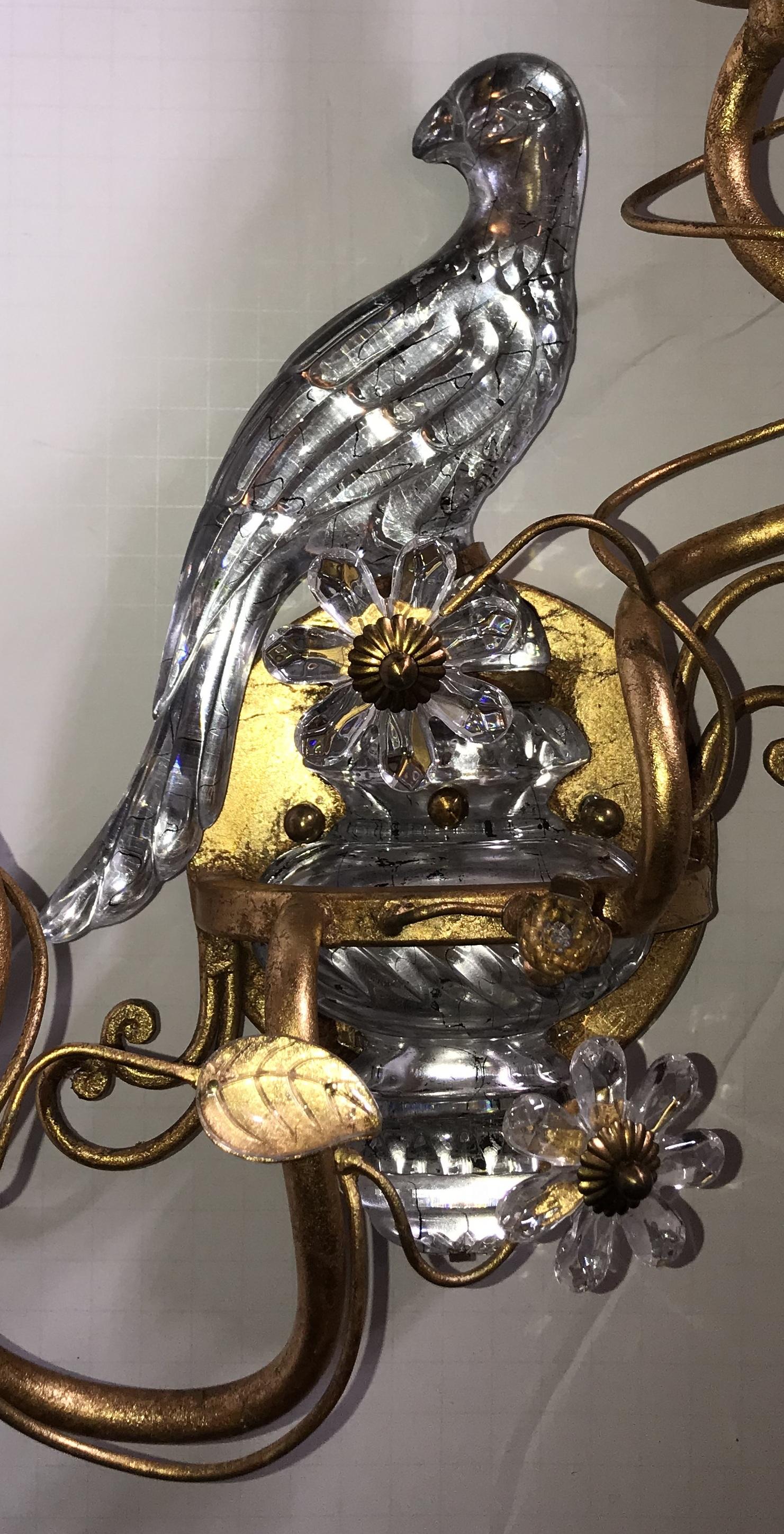 Chinoiserie Wonderful Pair Faux Rock Crystal Glass Bird Urn Form Gold Gilt Bagues Sconces
