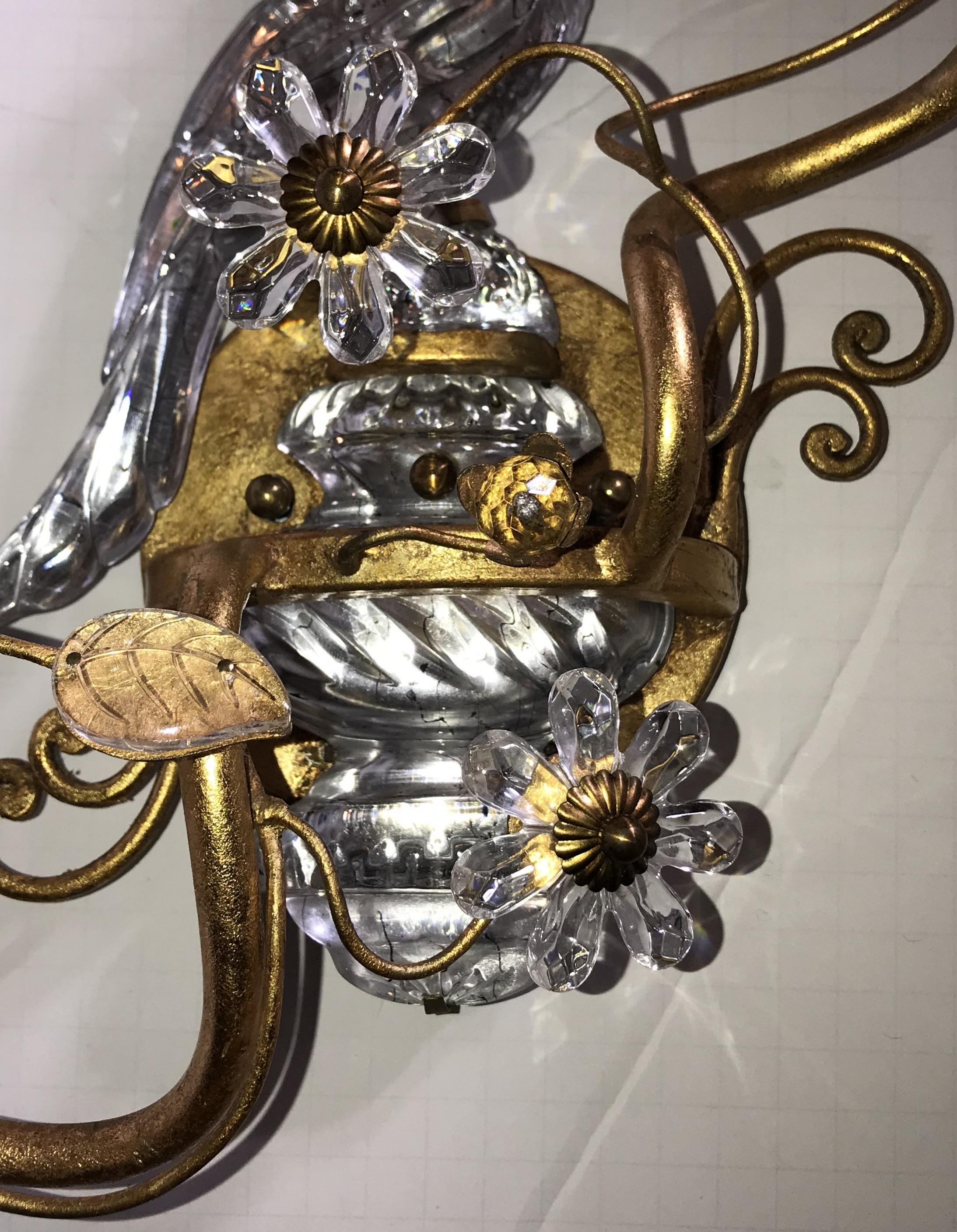 Italian Wonderful Pair Faux Rock Crystal Glass Bird Urn Form Gold Gilt Bagues Sconces