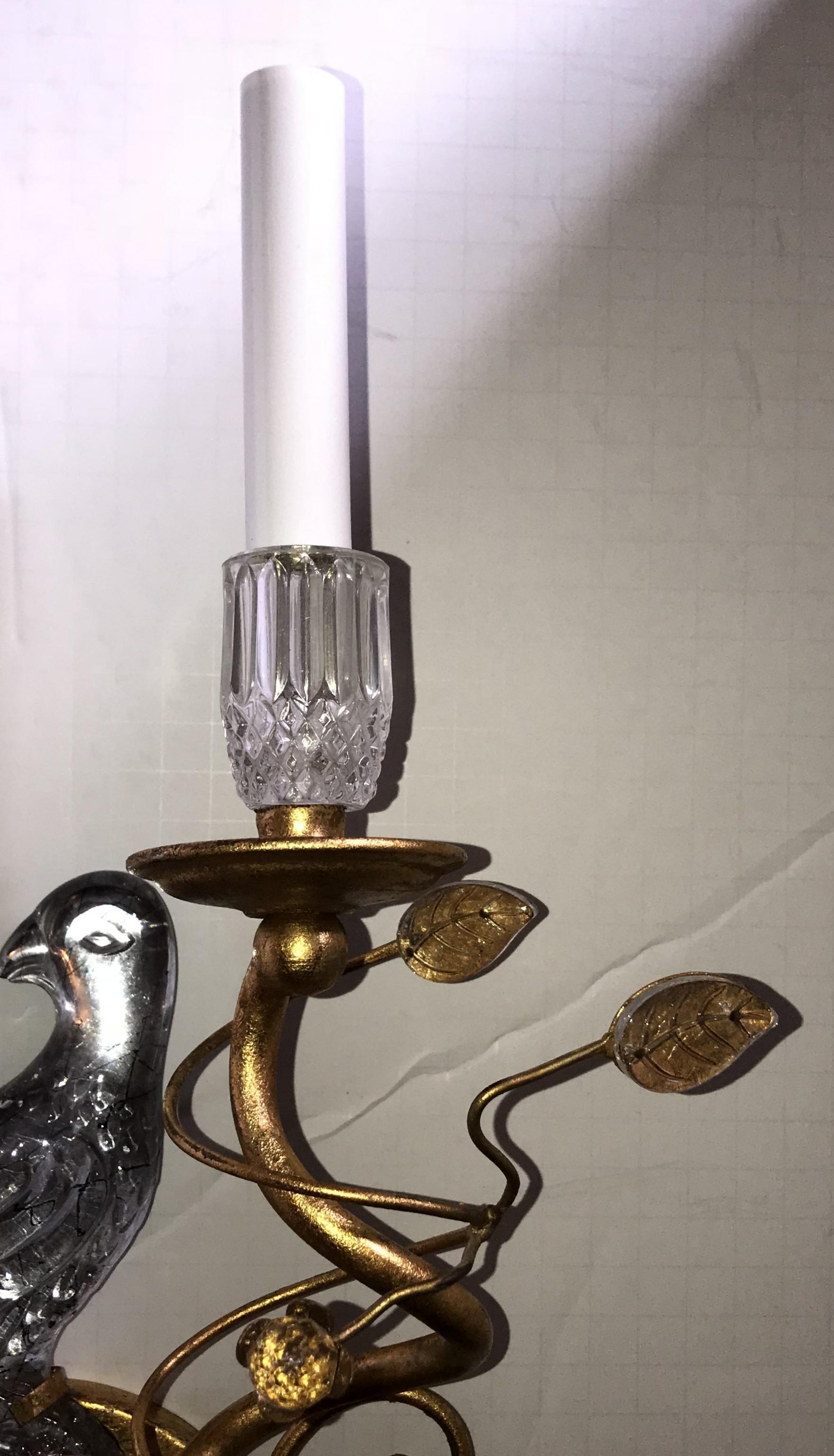 Wonderful Pair Faux Rock Crystal Glass Bird Urn Form Gold Gilt Bagues Sconces In Good Condition In Roslyn, NY