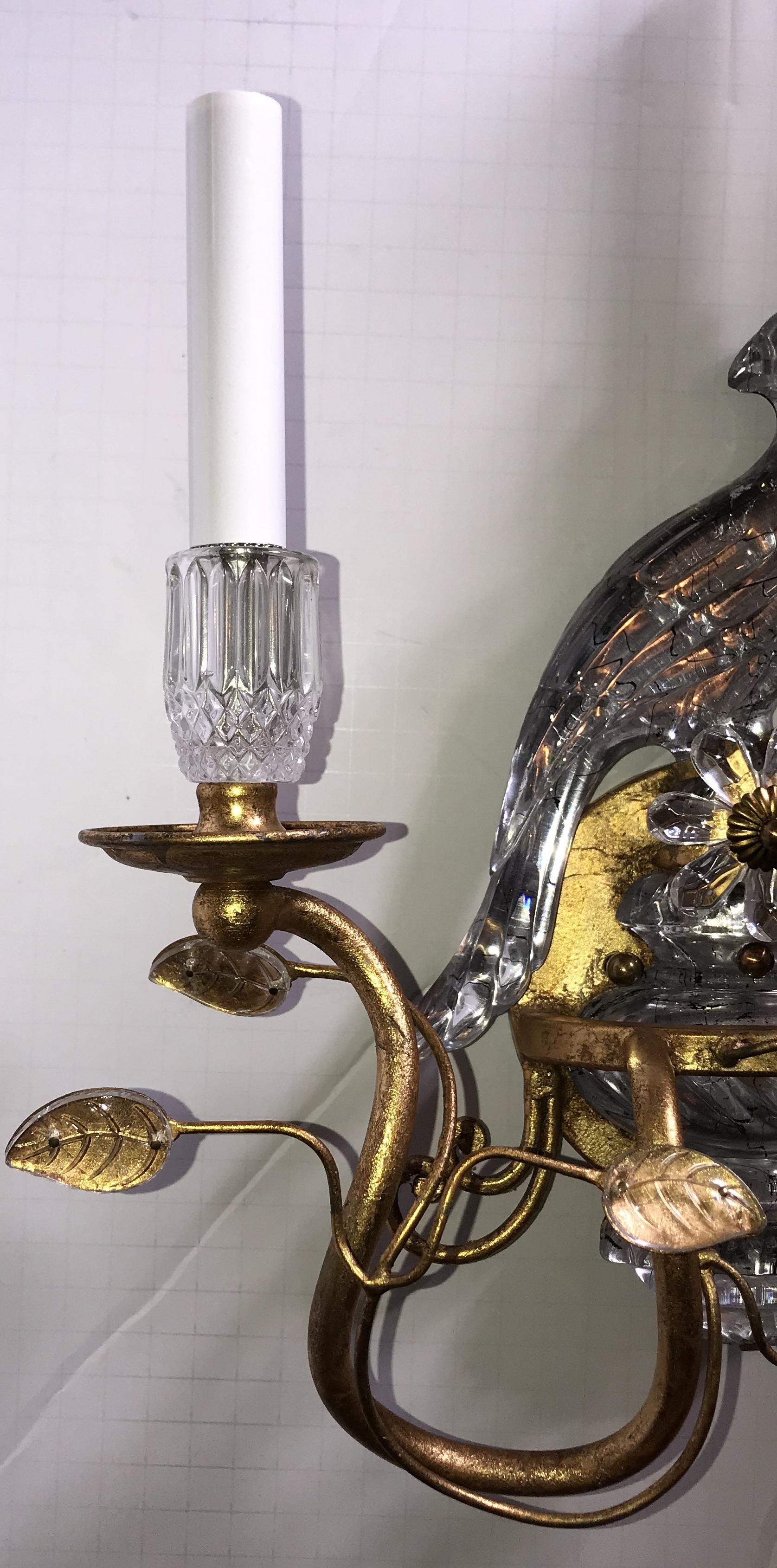 Metal Wonderful Pair Faux Rock Crystal Glass Bird Urn Form Gold Gilt Bagues Sconces