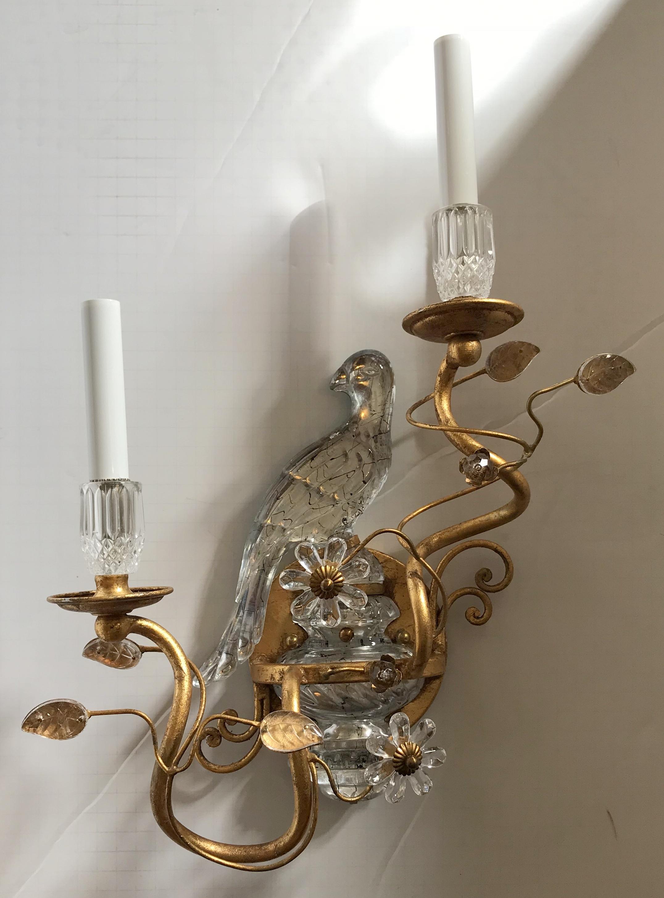 Wonderful Pair Faux Rock Crystal Glass Bird Urn Form Gold Gilt Bagues Sconces 1