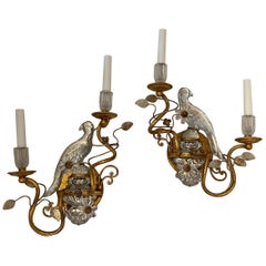 Wonderful Pair of Faux Rock Crystal Glass Bird Urn Form Gold Gilt Bagues Sconces