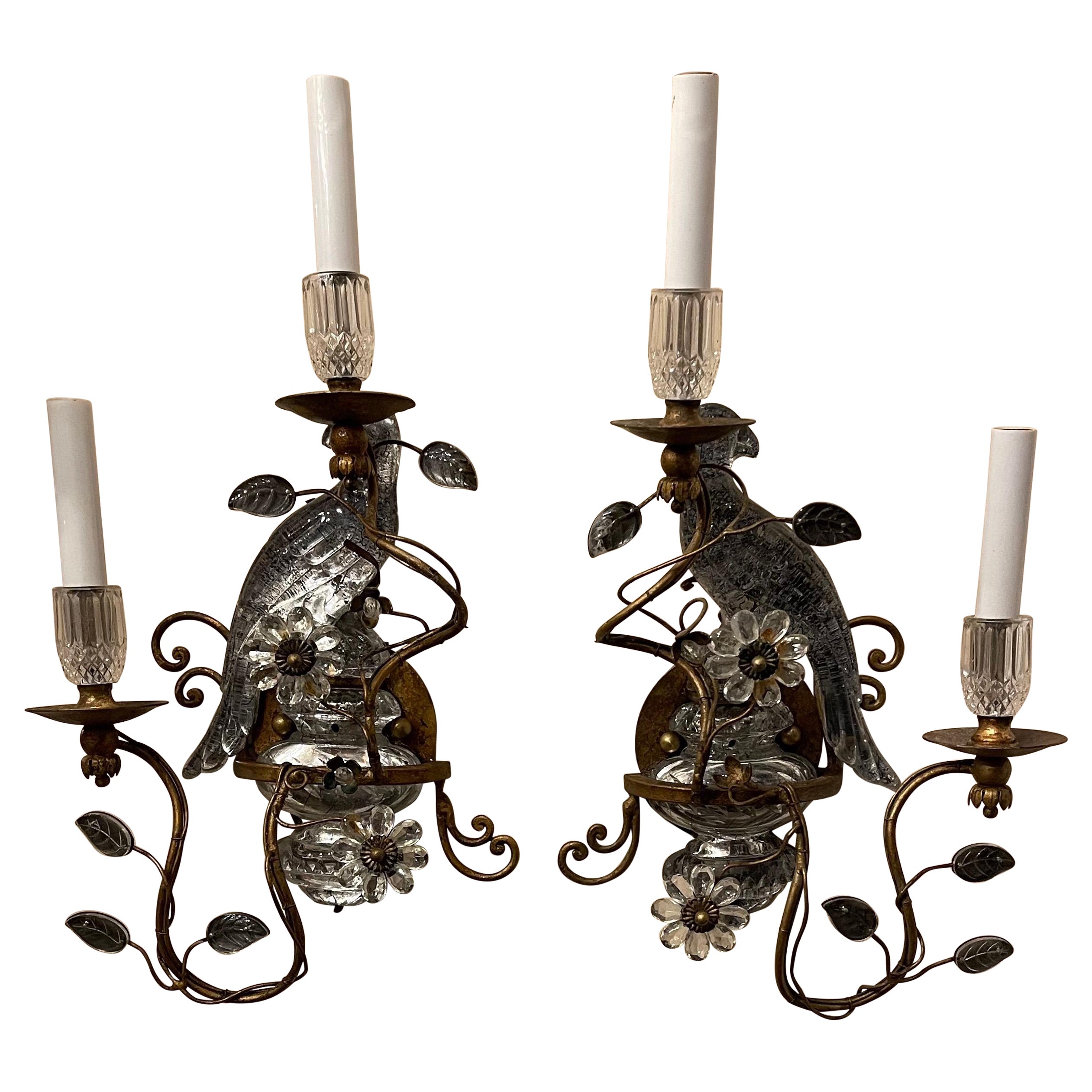 Wonderful Pair Faux Rock Crystal Glass Bird Urn Form Gold Gilt Bagues Sconces