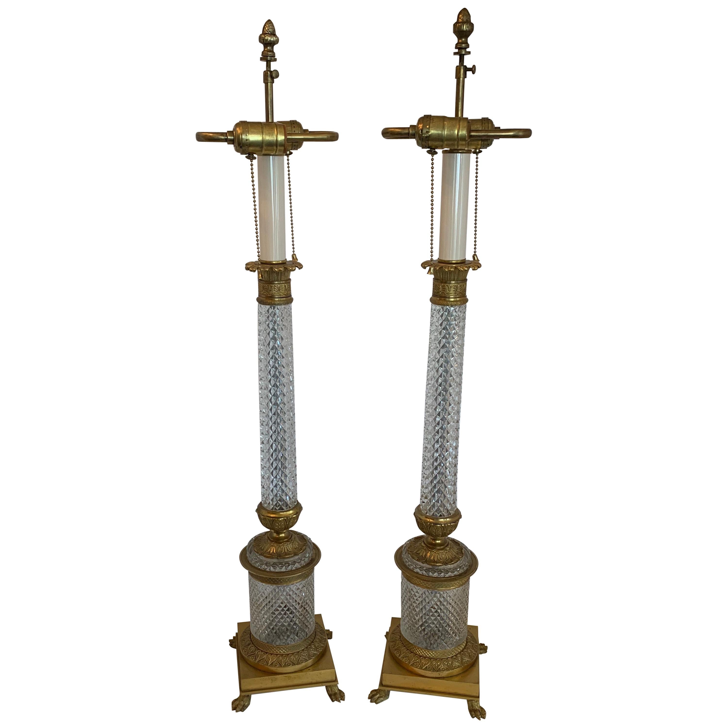 Wonderful Pair of Fine French Gilt Doré Bronze Cut Crystal Column Lamps Paw Feet