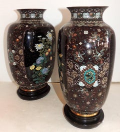 Wonderful Pair of Fine Japanese Meiji Cloisonne Enameled Vases Urn Form Lamps