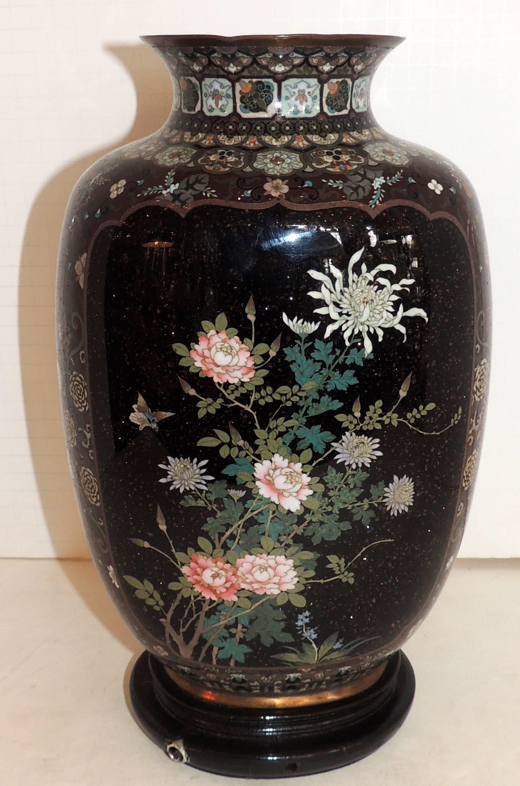 Wonderful Pair of Fine Japanese Meiji Cloisonne Enameled Vases Urn Form Lamps 3