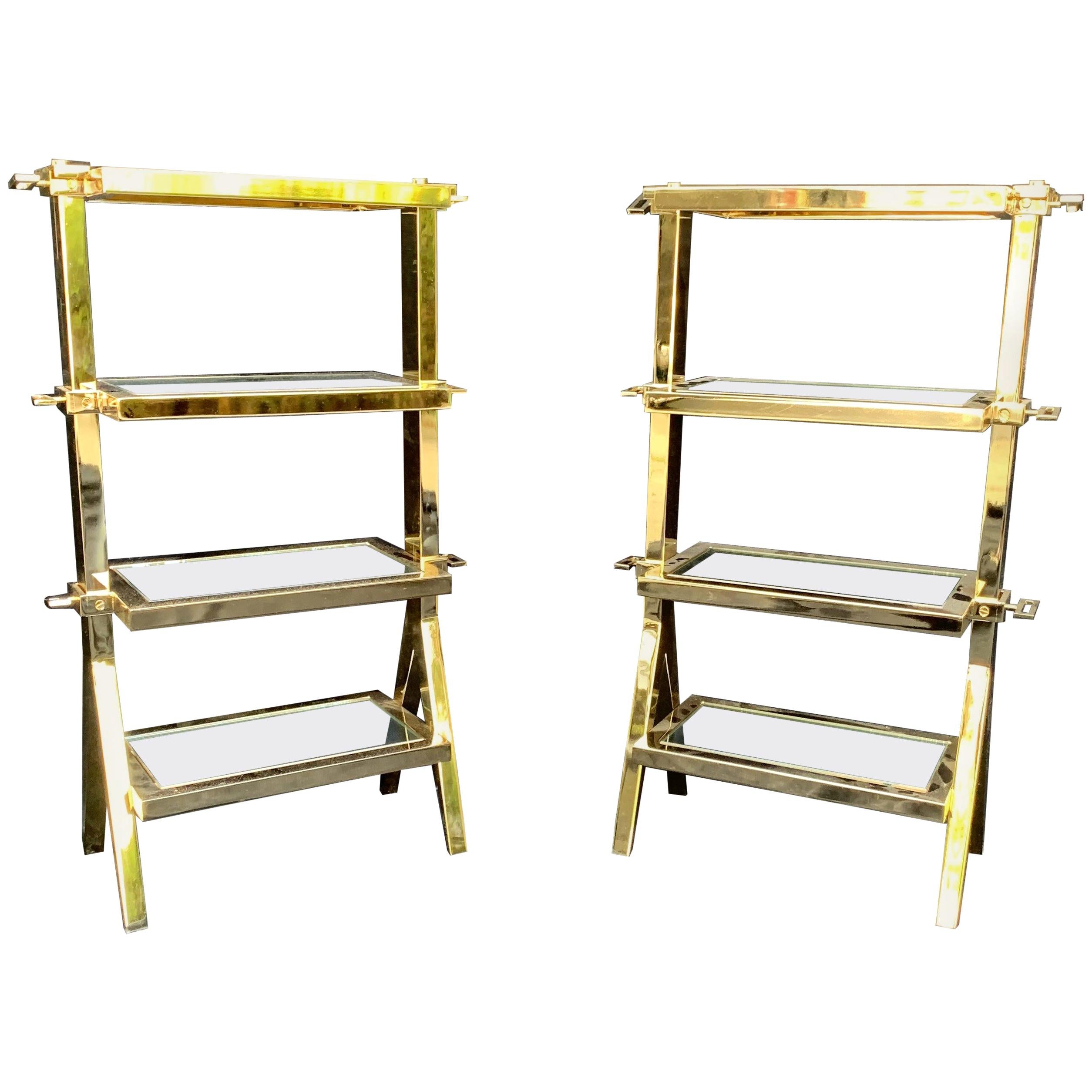Wonderful Pair of Four-Tier Polished Brass Bronze Mirror Lorin Marsh Side Tables