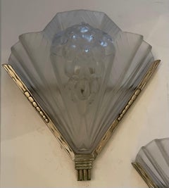 Wonderful Pair French Art Deco Frosted Art Glass Atelier Petitot Nickel Sconces