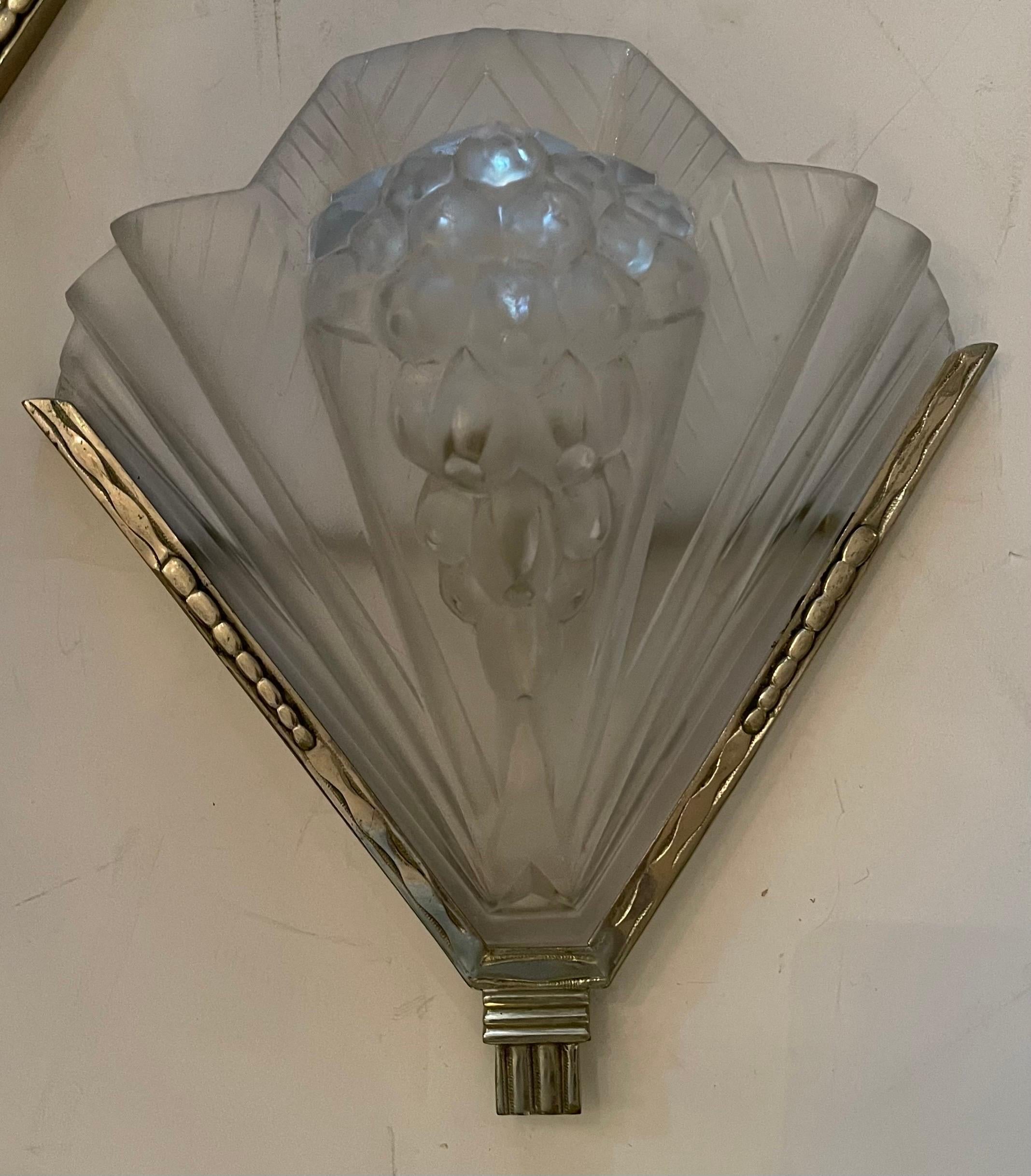 Wonderful Pair French Art Deco Frosted Art Glass Atelier Petitot Nickel Sconces In Good Condition For Sale In Roslyn, NY