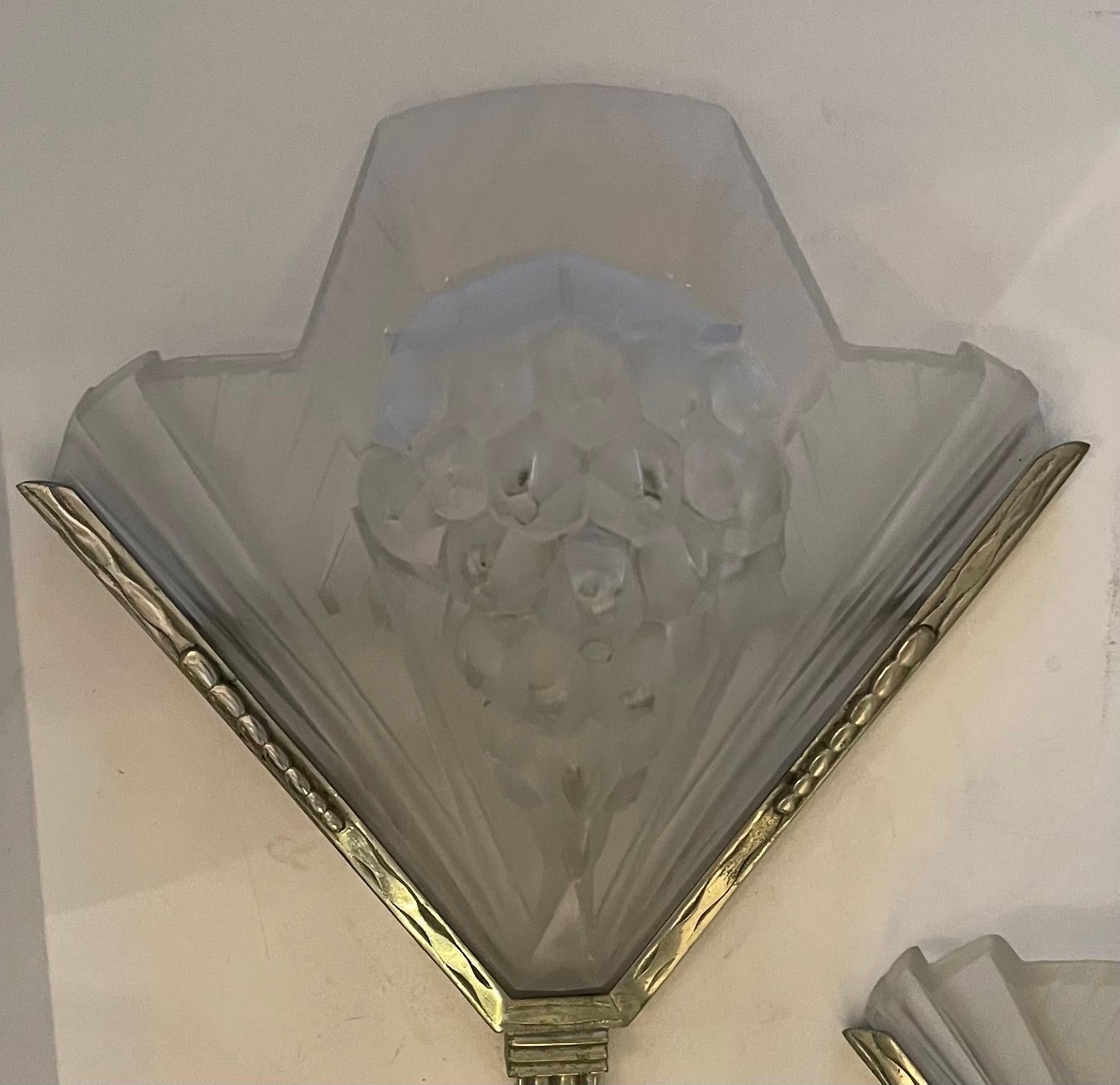 Wonderful Pair French Art Deco Frosted Art Glass Atelier Petitot Nickel Sconces For Sale 1