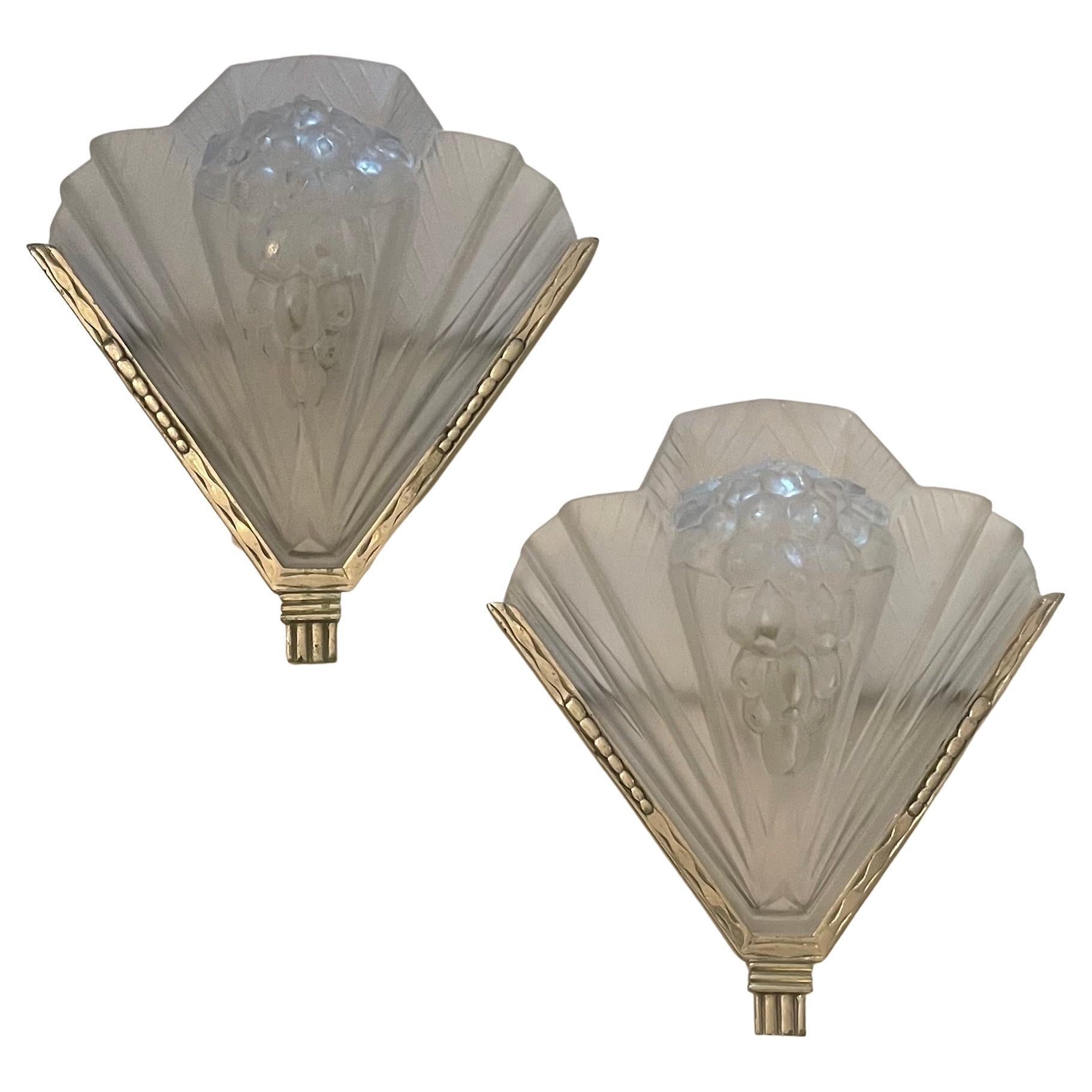 Wonderful Pair French Art Deco Frosted Art Glass Atelier Petitot Nickel Sconces For Sale