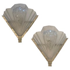 Wonderful Pair French Art Deco Frosted Art Glass Atelier Petitot Nickel Sconces