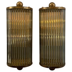 Pair of French Art Deco Mid-Century Modern Glass Rod Brass Nickel Sconces