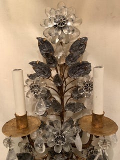 Wonderful Pair French Baguès Rock Crystal Gold Gilt Flower Leaf Urn Form Sconces