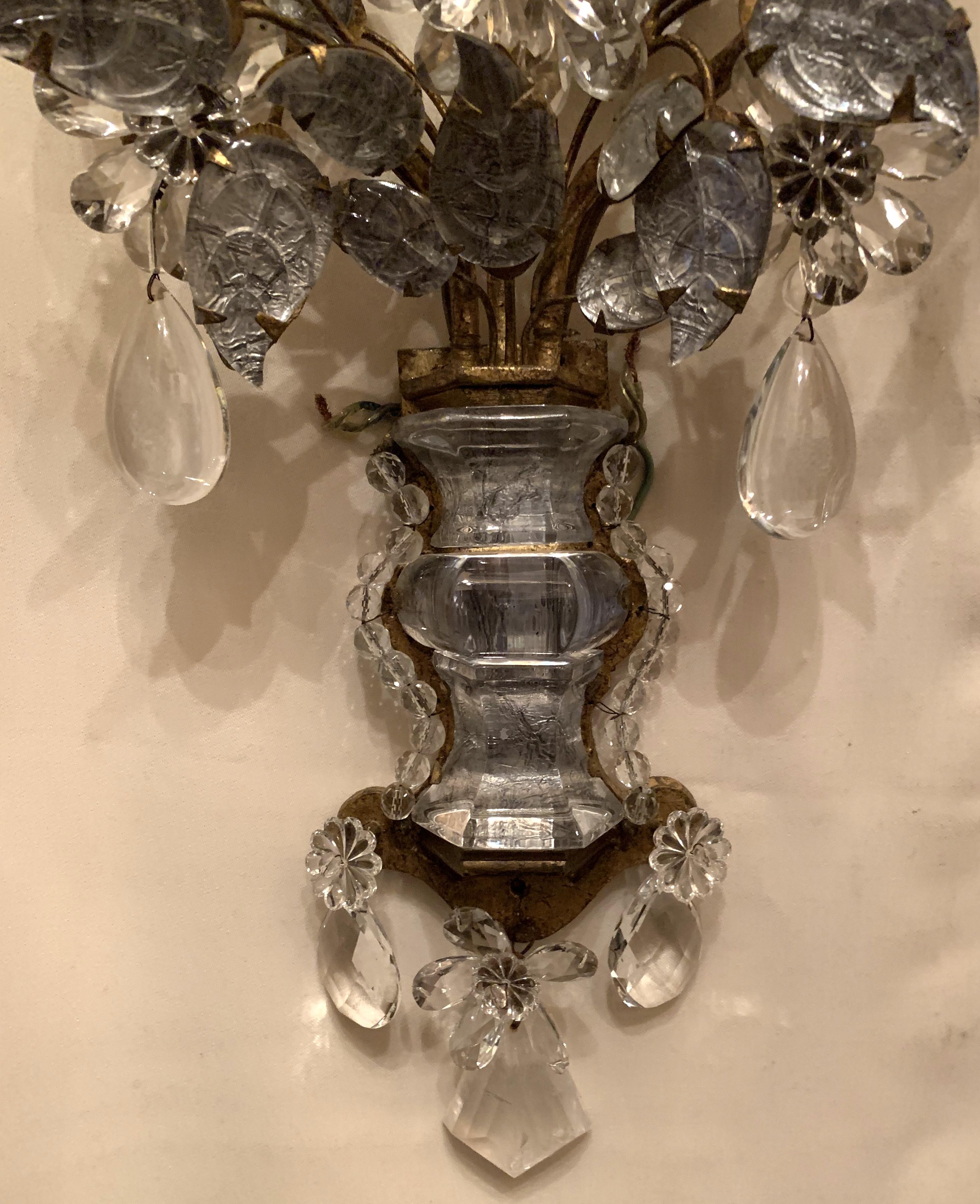 Pair of French Baguès Rock Crystal Gold Gilt Flower Leaf Urn Form Sconces In Good Condition In Roslyn, NY
