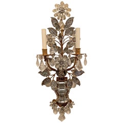 Wonderful Pair French Baguès Rock Crystal Gold Gilt Flower Leaf Urn Form Sconces