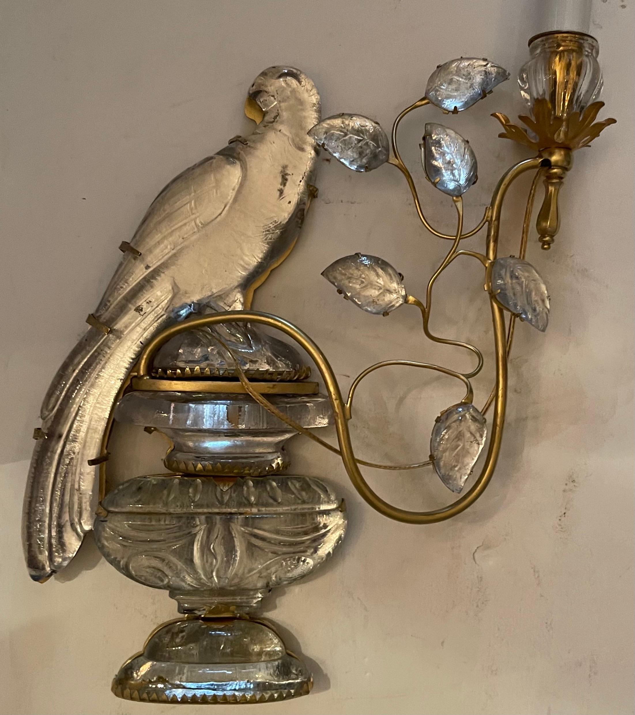 Belle Époque Wonderful Pair French Baguès Vintage Bronze Rock Crystal Parrot Bird Sconces