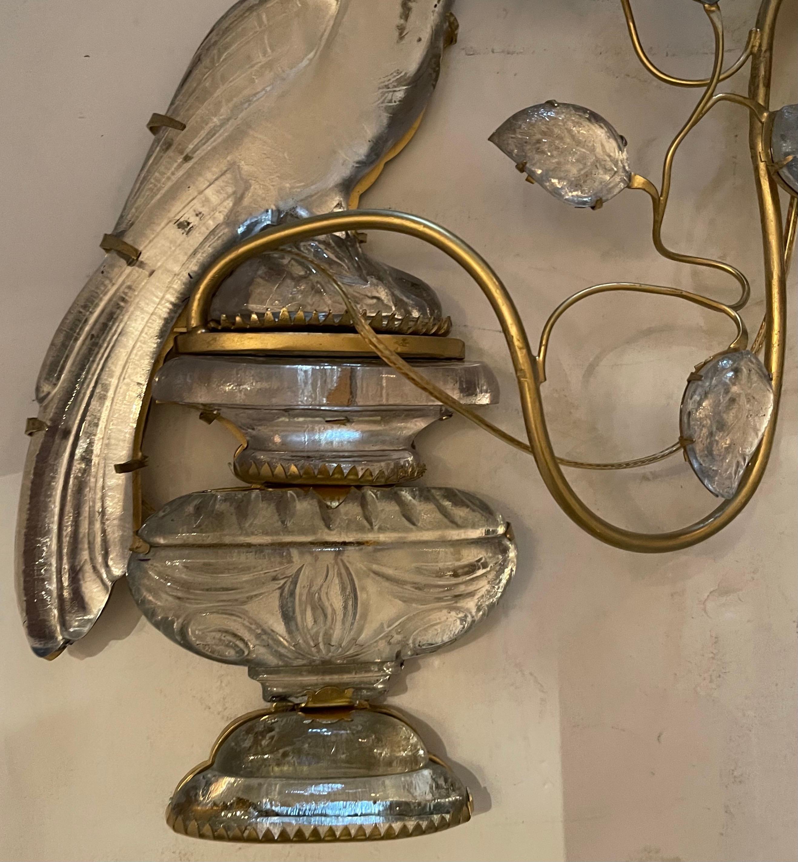 Wonderful Pair French Baguès Vintage Bronze Rock Crystal Parrot Bird Sconces In Good Condition In Roslyn, NY