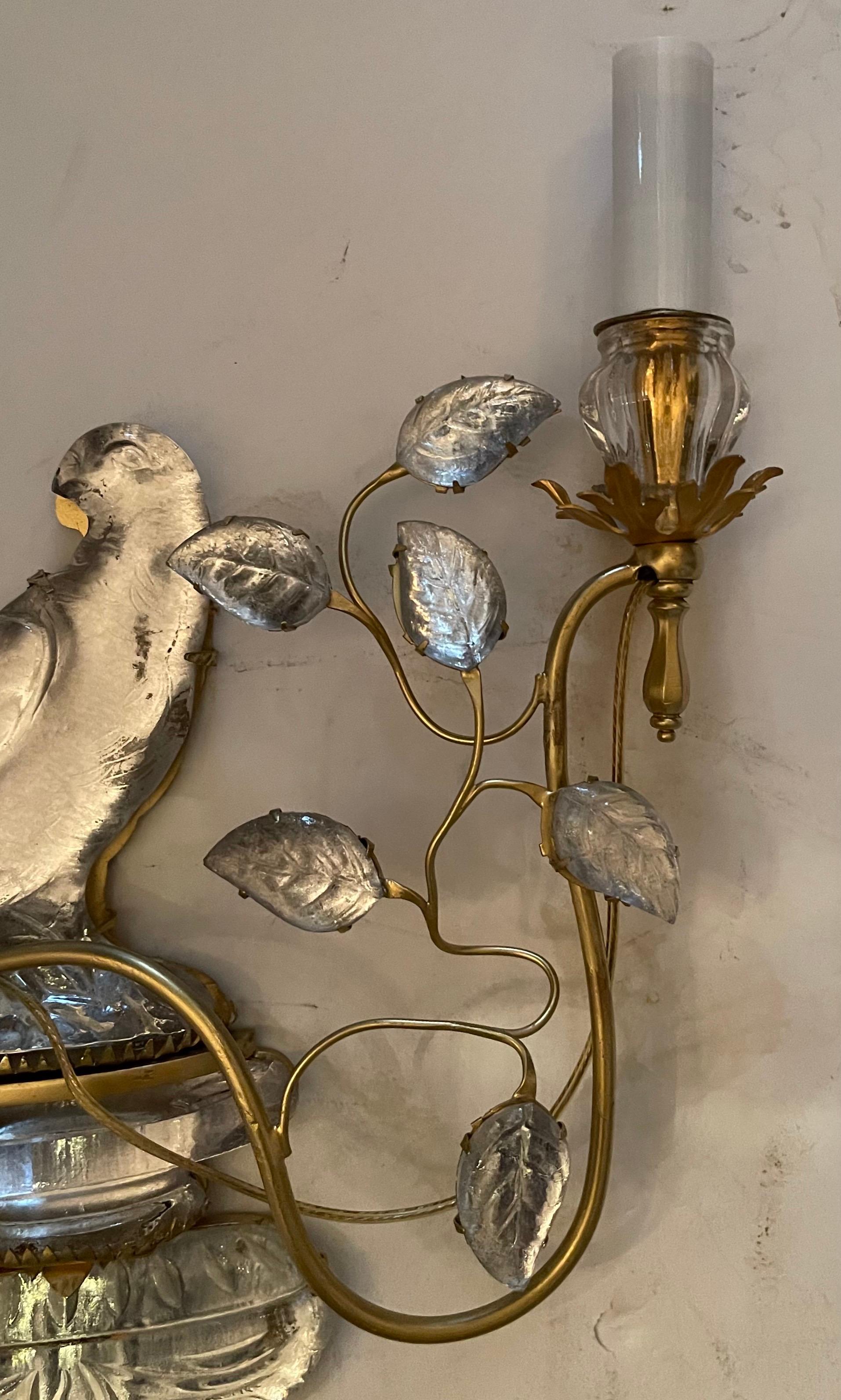 Wonderful Pair French Baguès Vintage Bronze Rock Crystal Parrot Bird Sconces 1
