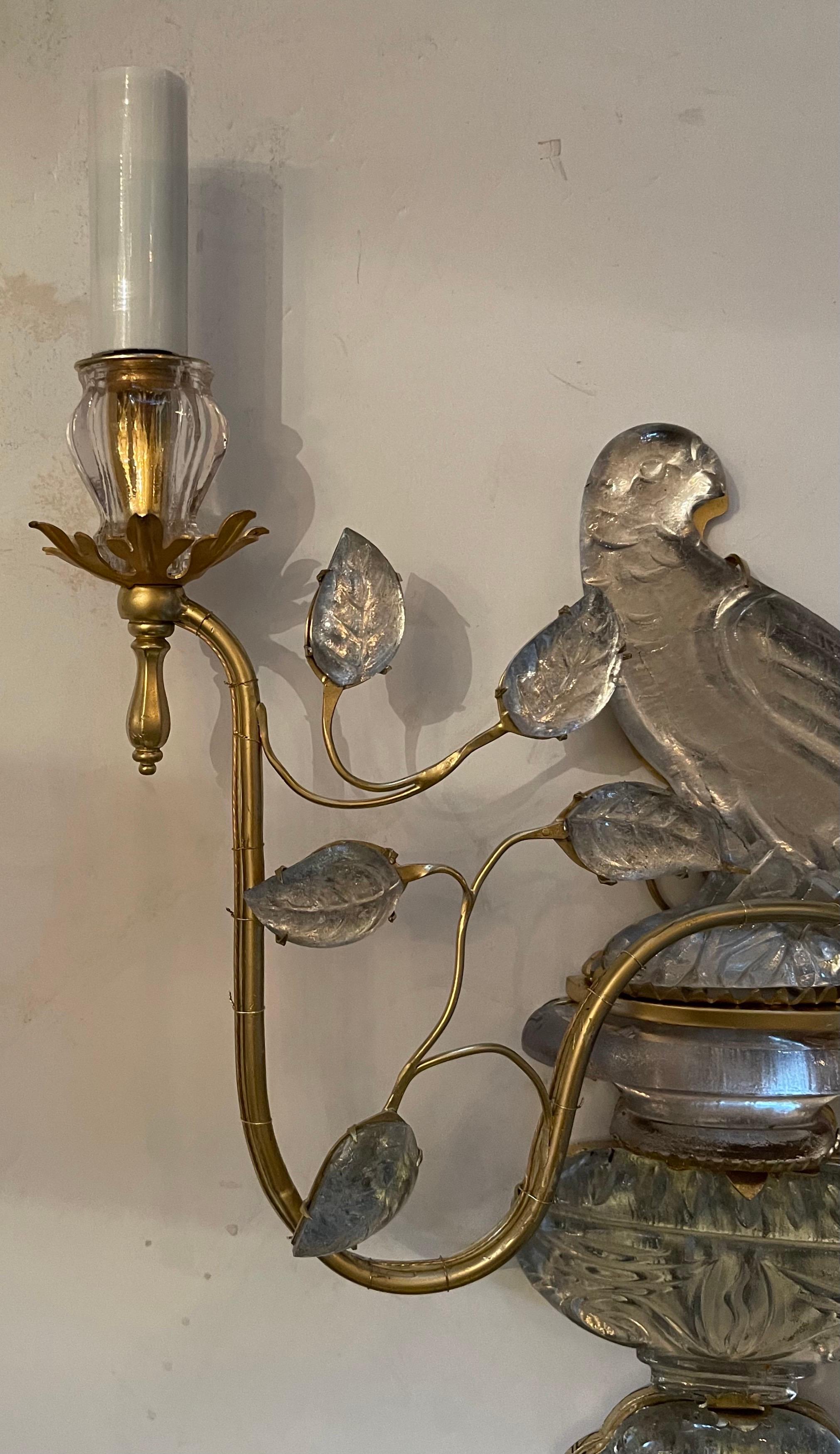 Wonderful Pair French Baguès Vintage Bronze Rock Crystal Parrot Bird Sconces 2
