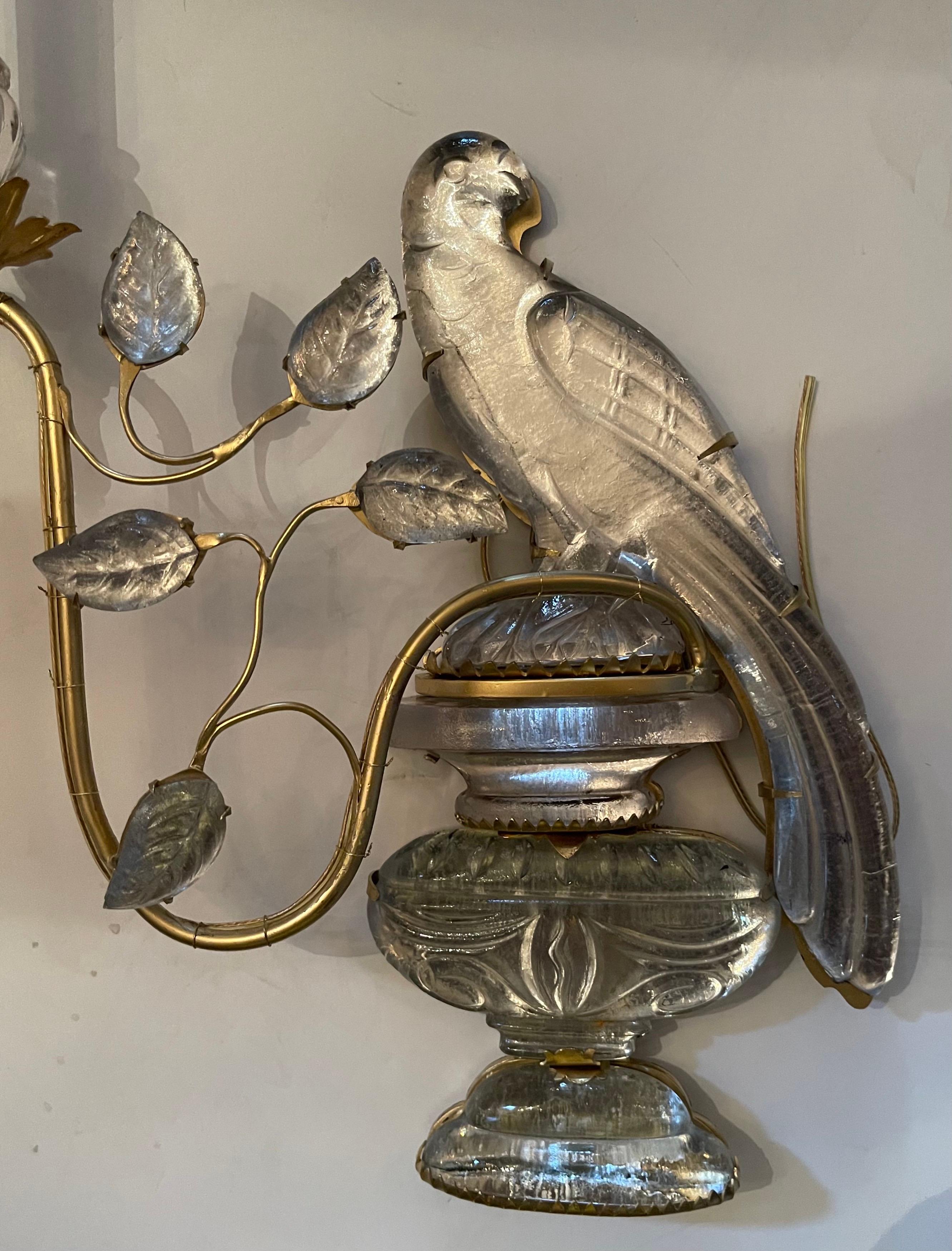Wonderful Pair French Baguès Vintage Bronze Rock Crystal Parrot Bird Sconces 3