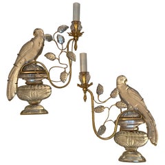 Wonderful Pair French Baguès Vintage Bronze Rock Crystal Parrot Bird Sconces