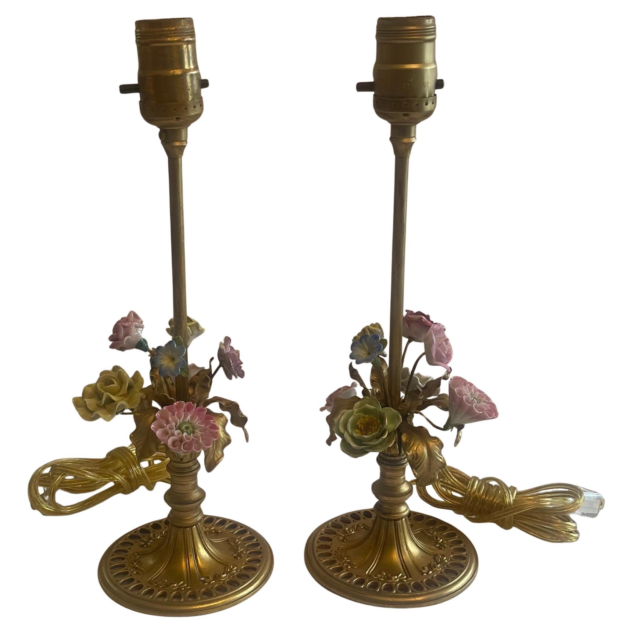 Wonderful Pair French Boudoir Bronze Porcelain Flower Bouquet Stick Table Lamps