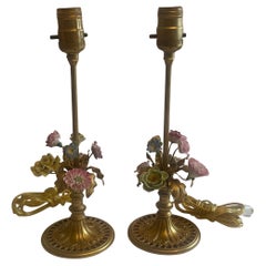 Wonderful Pair French Boudoir Bronze Porcelain Flower Bouquet Stick Table Lamps