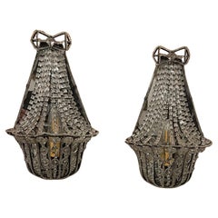 Wonderful Pair French Bow Top Beaded Basket Crystal Strand Swag Mirrored Sconces