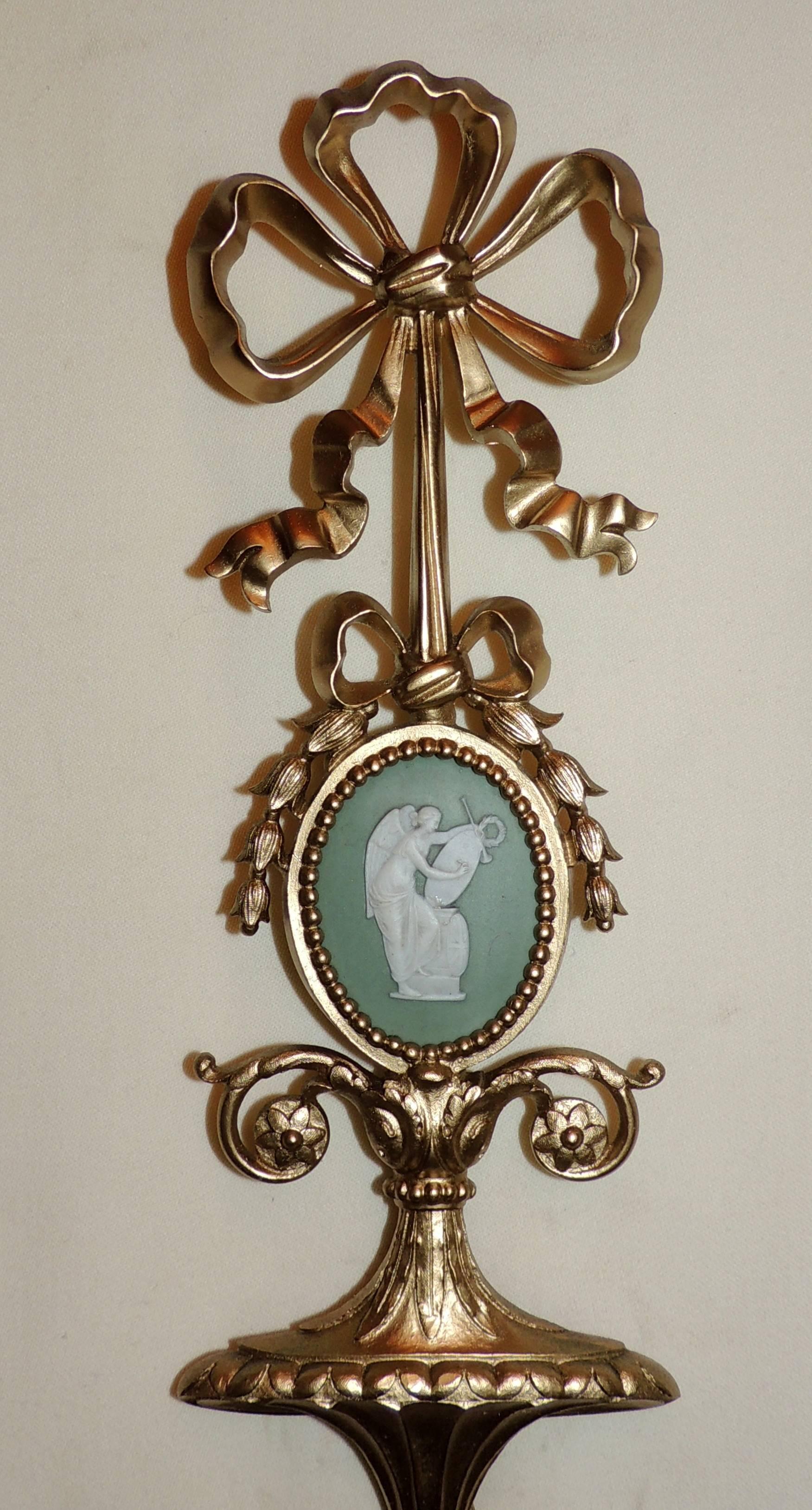 Neoclassical Wonderful Pair French Bow Top Gilt Bronze Green Wedgwood Jasper Plaque Sconces
