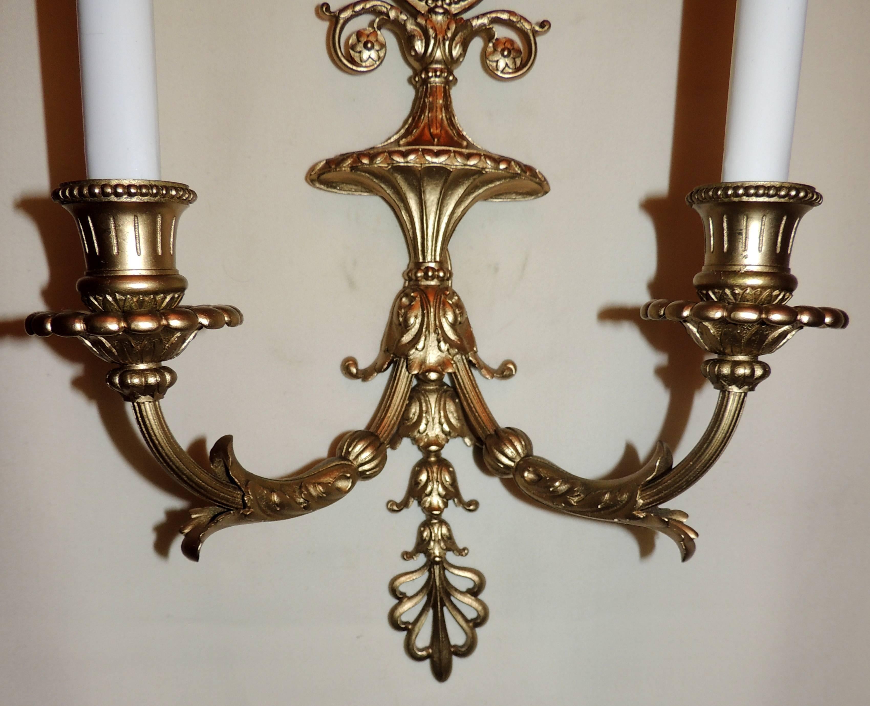 Wonderful Pair French Bow Top Gilt Bronze Green Wedgwood Jasper Plaque Sconces In Good Condition In Roslyn, NY