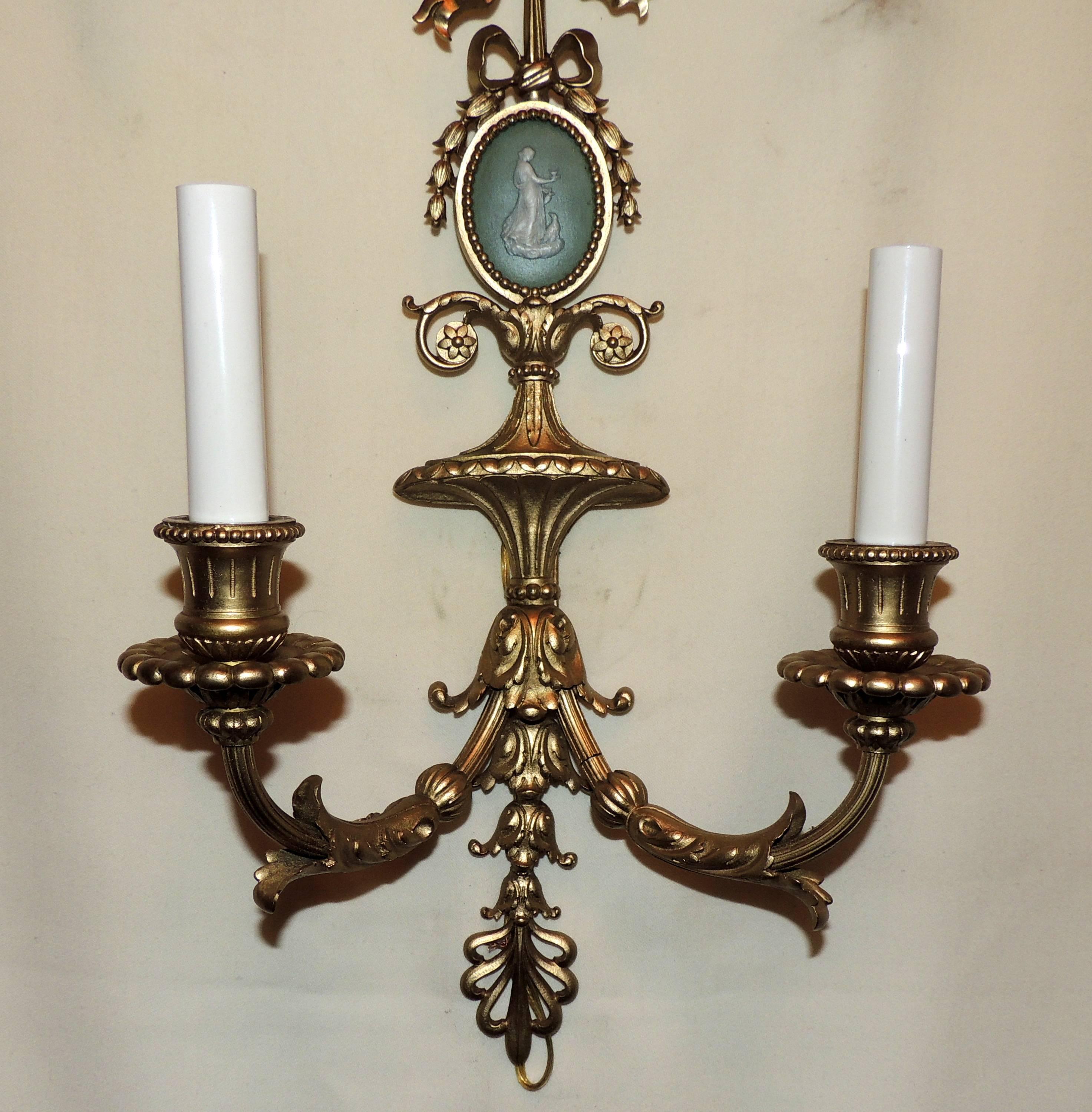 Mid-20th Century Wonderful Pair French Bow Top Gilt Bronze Green Wedgwood Jasper Plaque Sconces