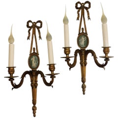 Wonderful Pair French Bow Top Gilt Bronze Green Wedgwood Jasper Plaque Sconces