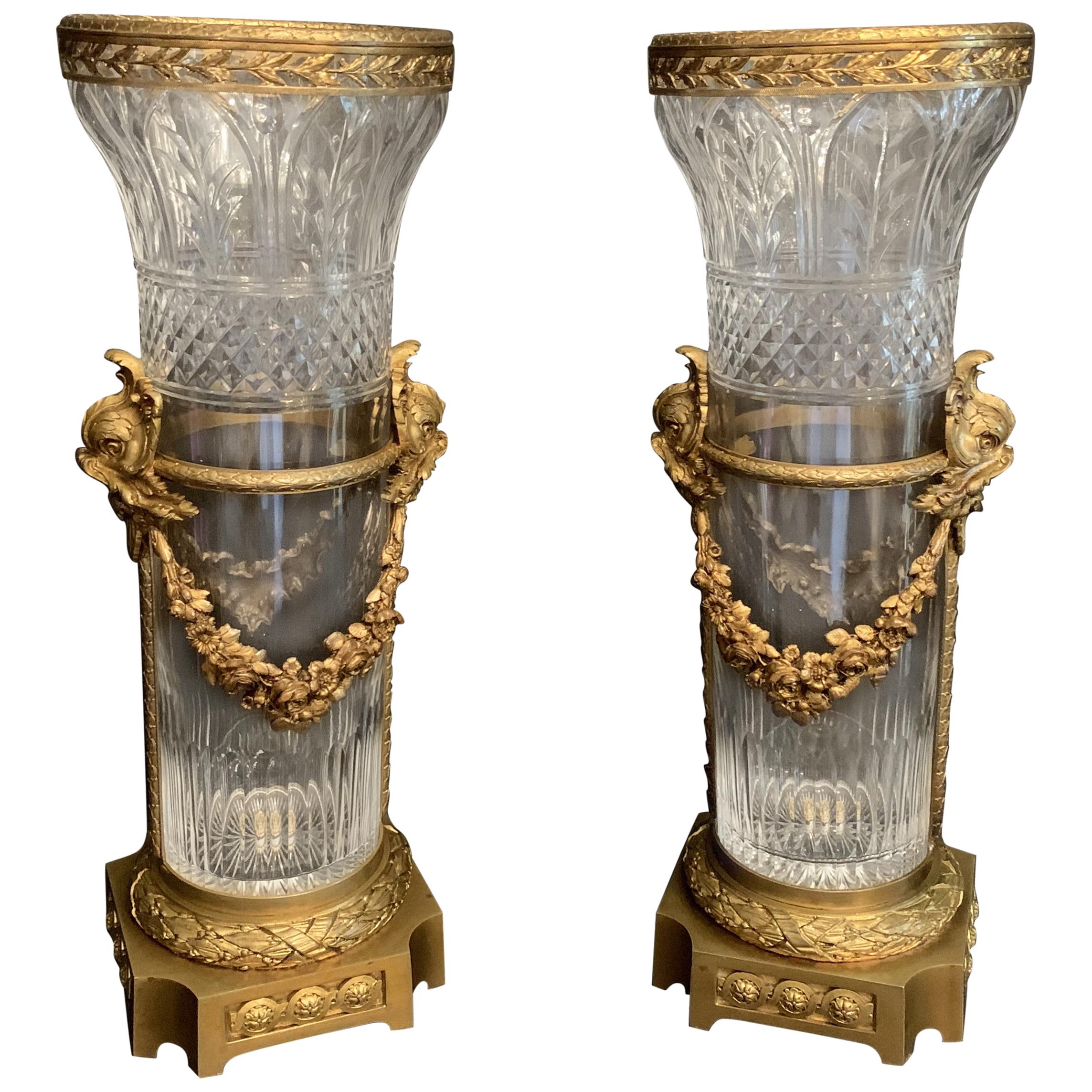 Wonderful Pair French Bronze Crystal Baccarat Ormolu Mounted Dolphin Vases