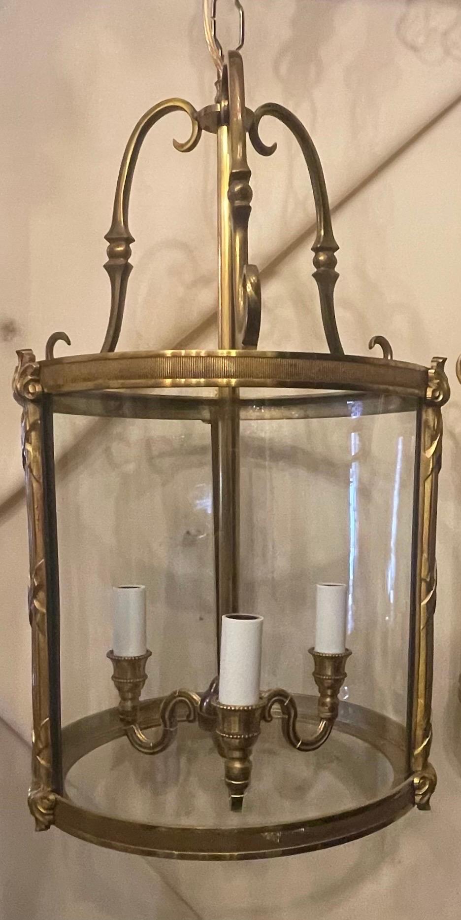 Neoclassical Wonderful Pair French Bronze Curved Glass Readed & x Louis XVI Lantern Fixtures