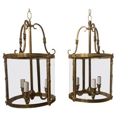 Wonderful Pair French Bronze Curved Glass Readed 
x Louis XVI Lantern Fixtures